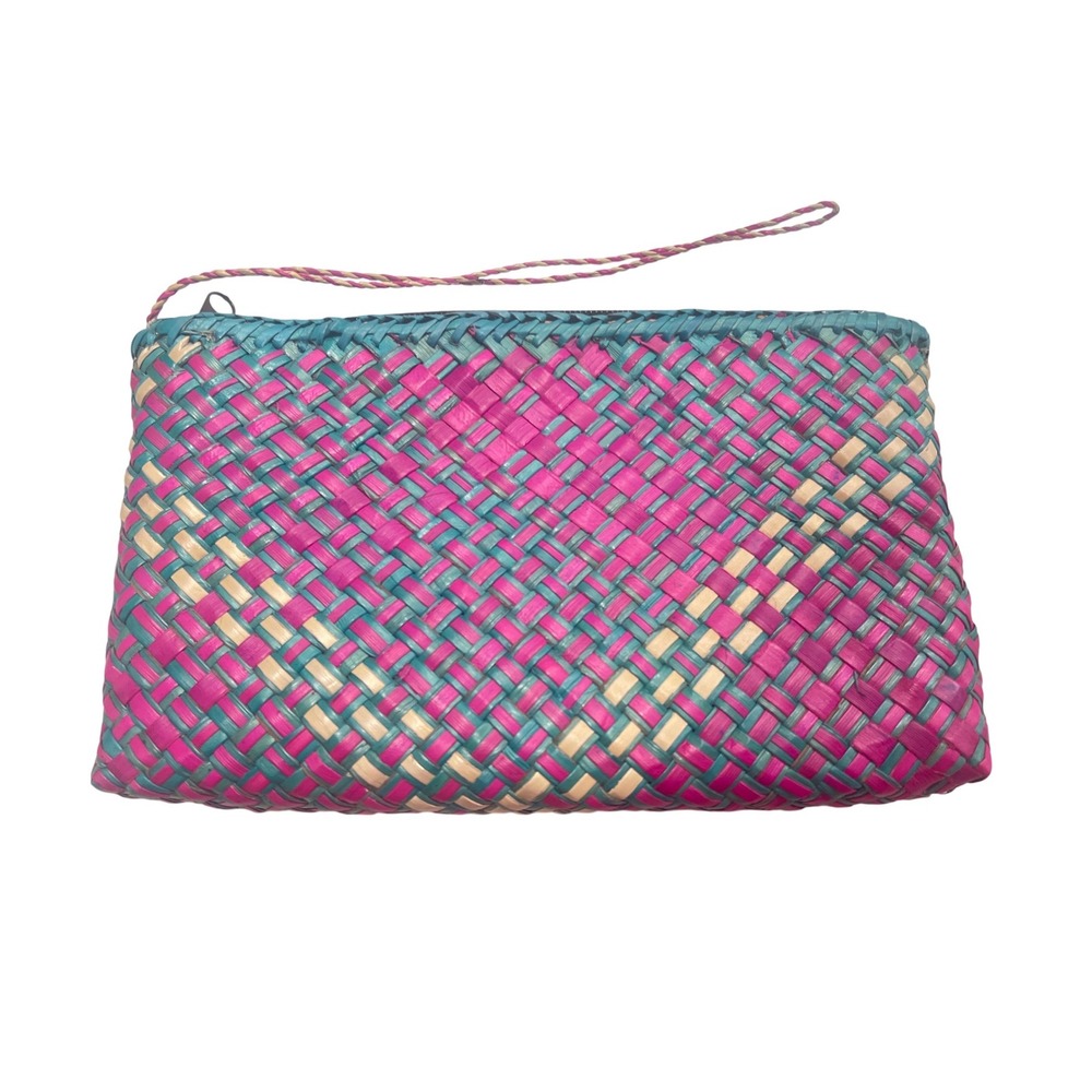 Woven Clutch Purse‎ Pink Teal Straw Wristlet Boho Festival Travel